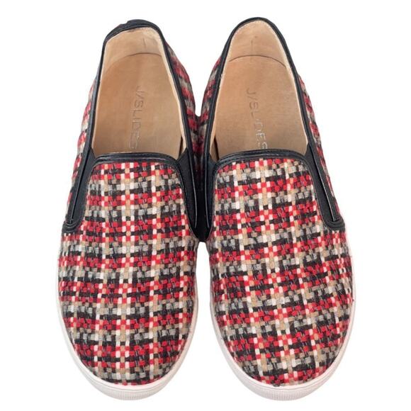 J/Slides Womens Slip On Shoes Red Black Geometric Round Toe Low Top 8 EUC - Picture 8 of 10